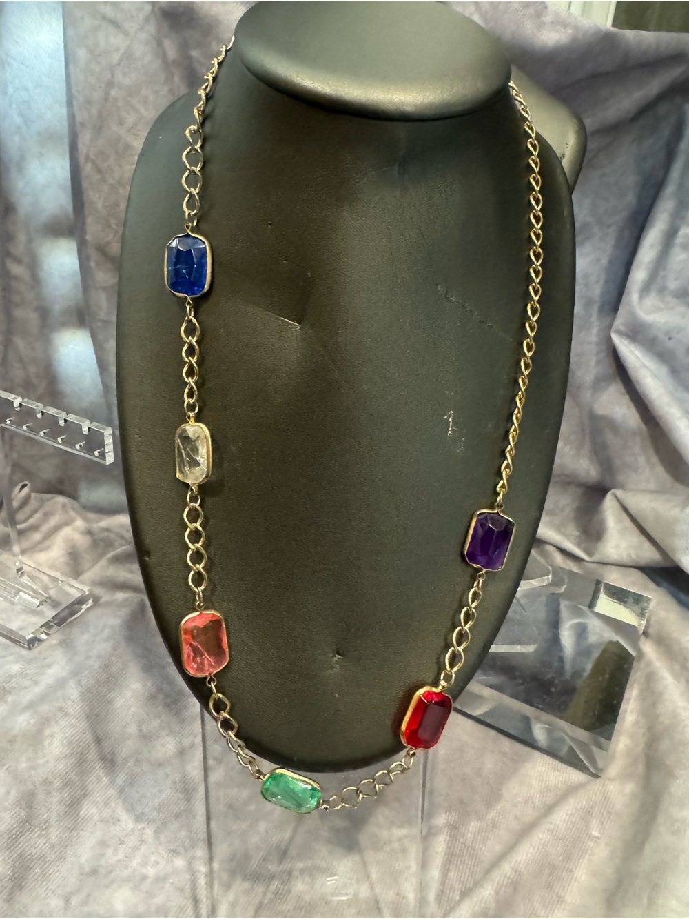 Multicolor Bezel‎  Crystal Set Chunky Gem-Link Long Necklace - Women Jewelry